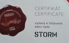 Certifikát vydaný k číslované edici nože.